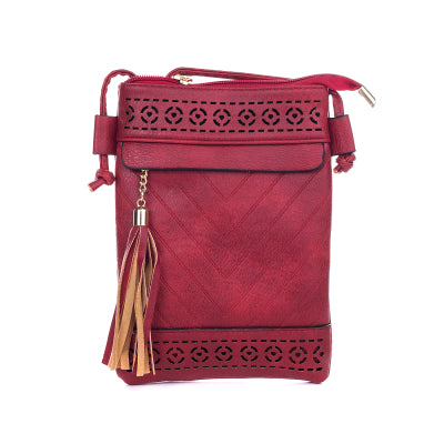 Cross body bag red with front zip and tassel